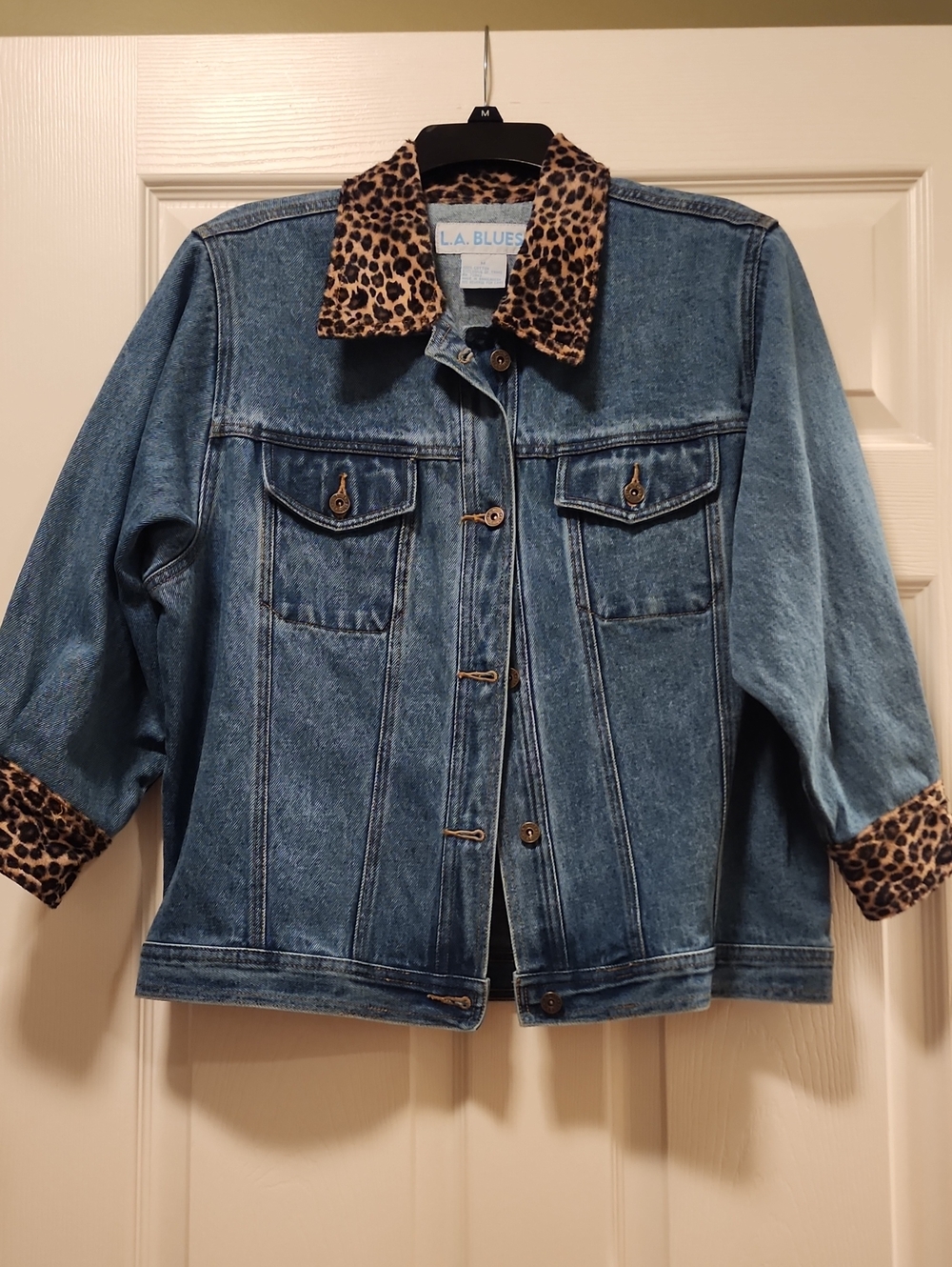 L.A. Blues Blue Denim Jacket with Leopard-Print Collar & Cuffs